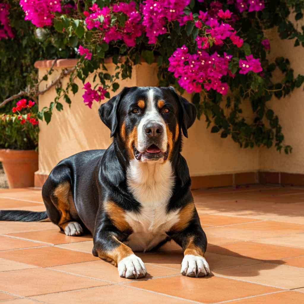 Gran Boyero Suizo descansando en una terraza con flores.