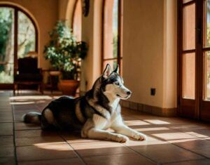 Husky Siberiano 9 Husky siberiano descansando en el suelo en una habitación iluminada.