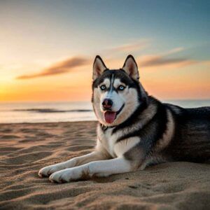 Husky Siberiano 10 Husky siberiano en la playa durante el atardecer.