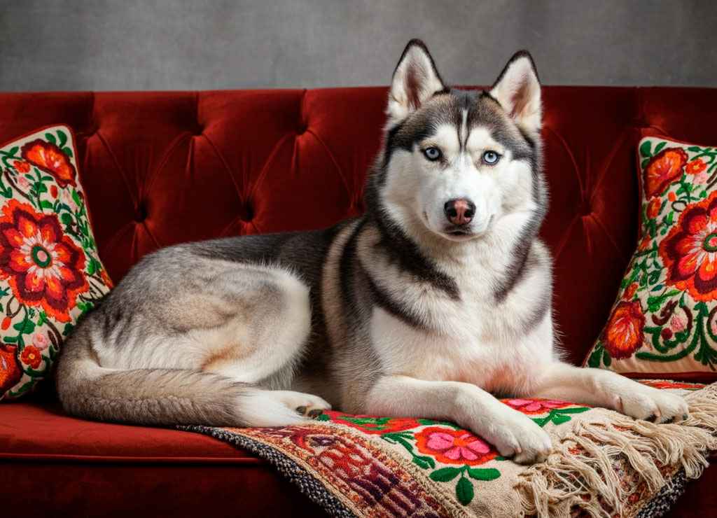 Husky Siberiano 3 Husky siberiano acostado en un sofá rojo con cojines florales.