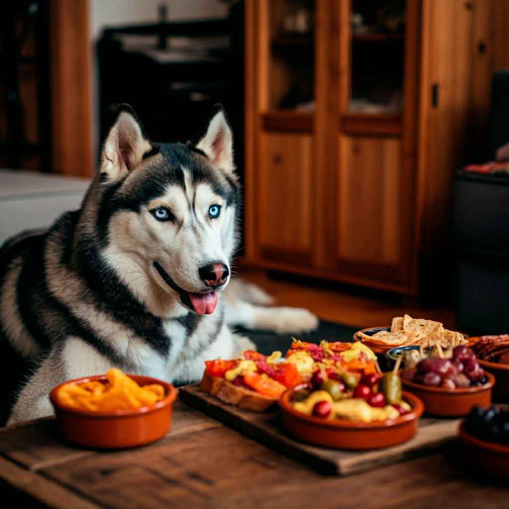 Husky Siberiano 8 Husky siberiano junto a una mesa con tapas españolas.
