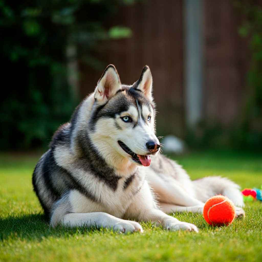 Husky Siberiano 7 Husky siberiano jugando con una pelota en el jardín.