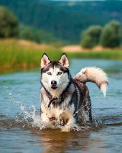 Husky Siberiano 2 Husky siberiano corriendo en el agua de un río.