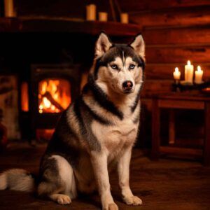 Husky Siberiano 4 Husky siberiano sentado junto a una chimenea encendida en una cabaña acogedora.