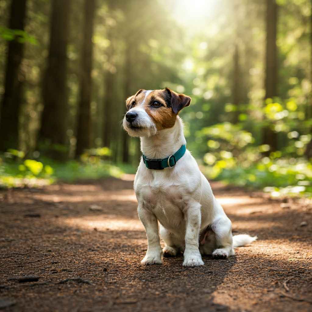 Jack Russell Terrier 1 Jack Russell Terrier sentado en un sendero del bosque rodeado de árboles.