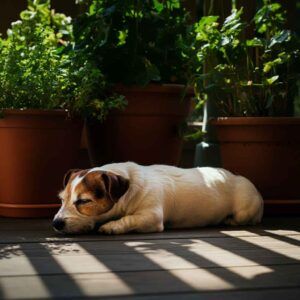 Jack Russell Terrier 7 Jack Russell Terrier descansando a la sombra junto a unas macetas.