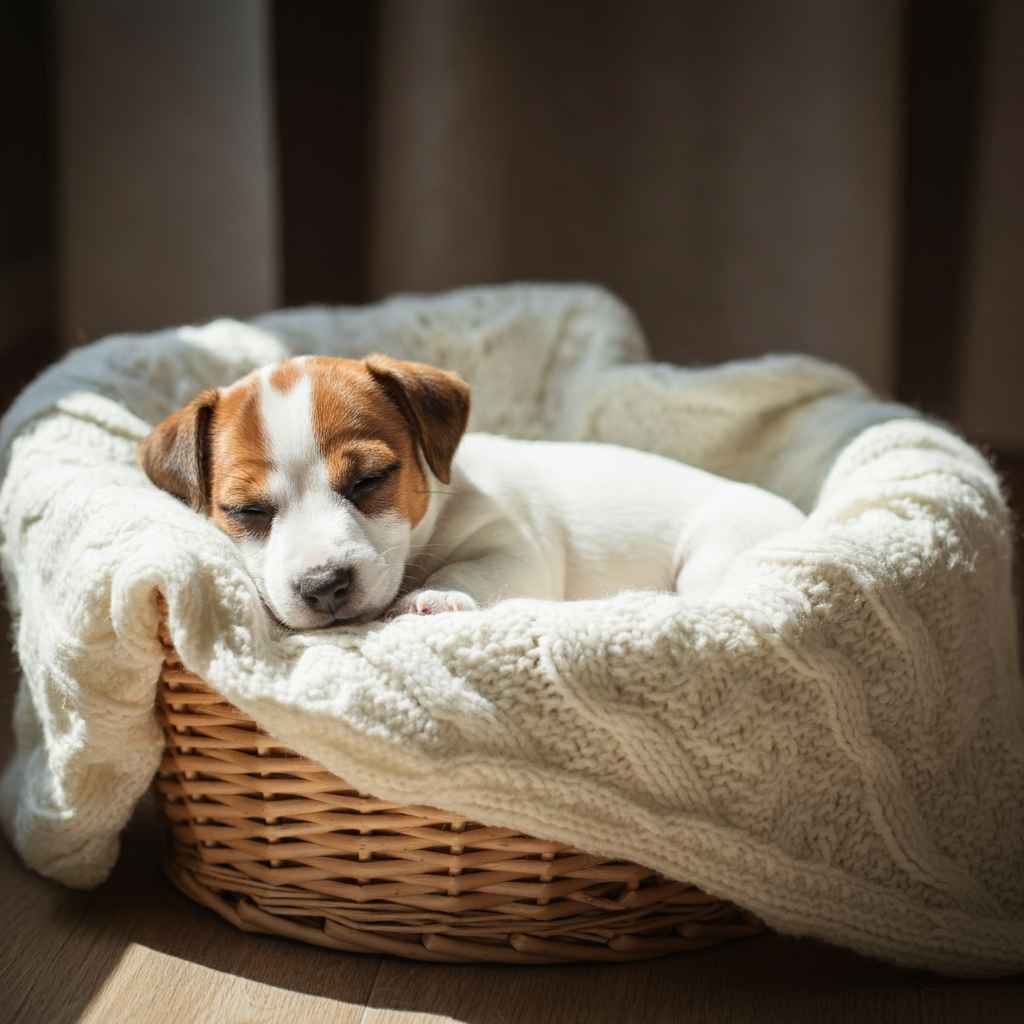Jack Russell Terrier 11 Cachorro de Jack Russell Terrier durmiendo en una cesta con manta.