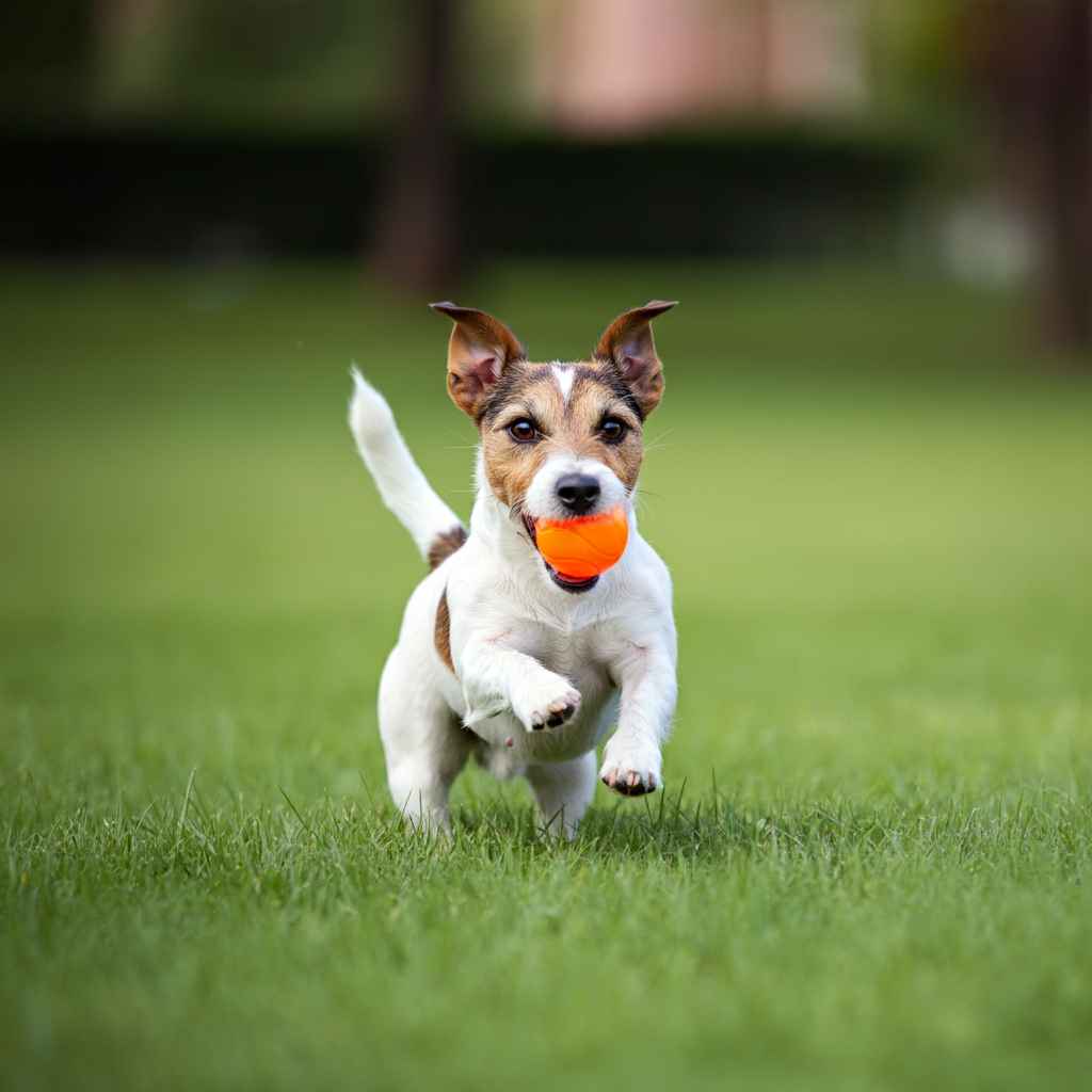 Jack Russell Terrier 9 Jack Russell Terrier corriendo con una pelota naranja en la boca.