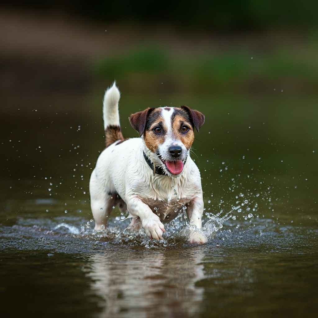 Jack Russell Terrier 3 Jack Russell Terrier corriendo en el agua de un río.
