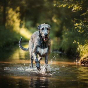 Lobero Irlandés jugando en el agua de un río en el bosque.