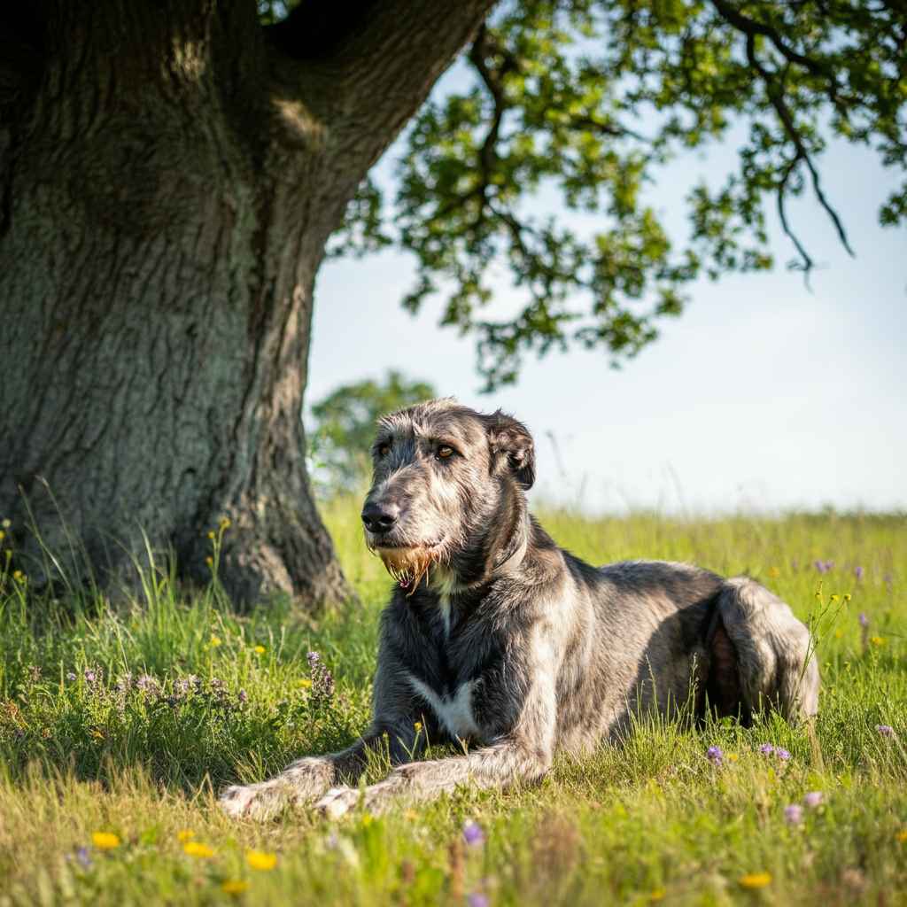 Lobero Irlandés descansando a la sombra de un árbol grande.