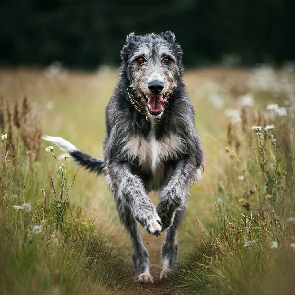Lobero Irlandés corriendo feliz por un prado lleno de flores silvestres.