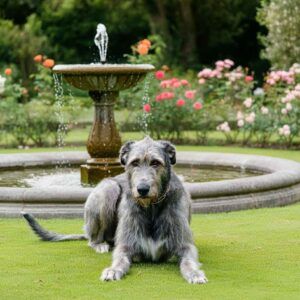Lobero Irlandés tumbado frente a una fuente en un jardín de flores.