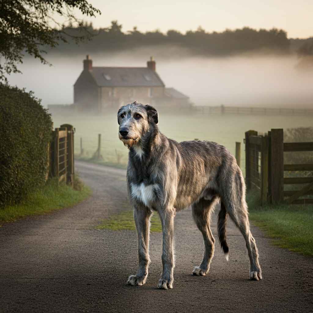 Lobero Irlandés de pie en un camino rural junto a una granja.