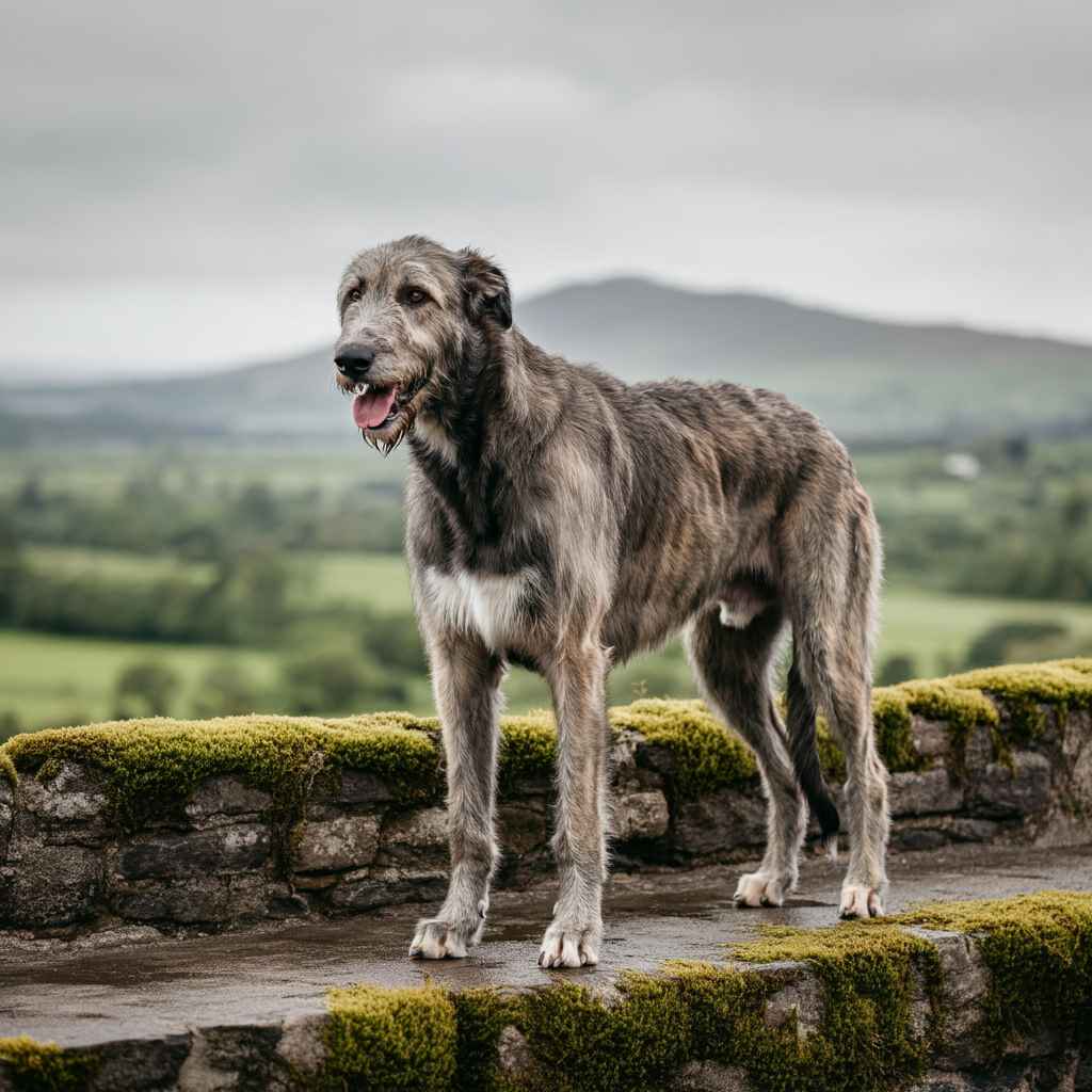 Lobero Irlandés de pie sobre una muralla cubierta de musgo.