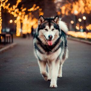 Malamute de Alaska 4 Malamute de Alaska caminando en una ciudad iluminada por luces de noche.