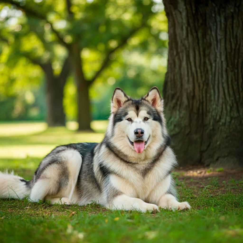 Malamute de Alaska 1 Malamute de Alaska descansando bajo la sombra de un árbol en un parque.
