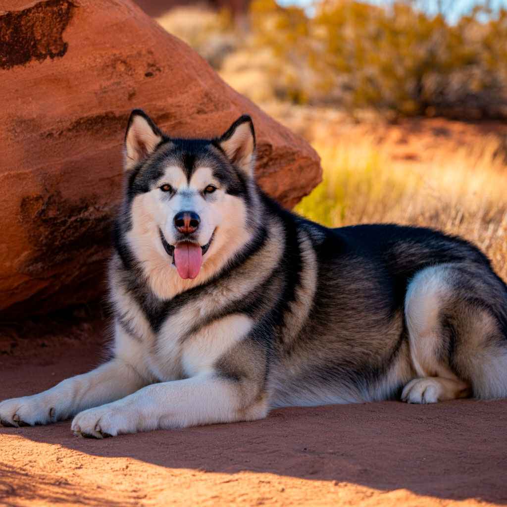 Malamute de Alaska 8 Malamute de Alaska descansando en un paisaje desértico junto a una roca.