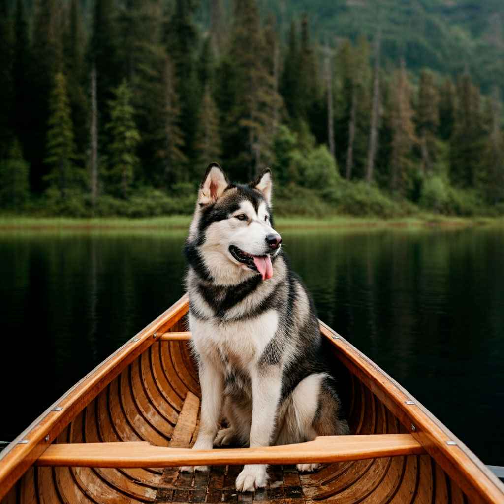 Malamute de Alaska 6 Malamute de Alaska sentado en una canoa en un lago rodeado de bosques.