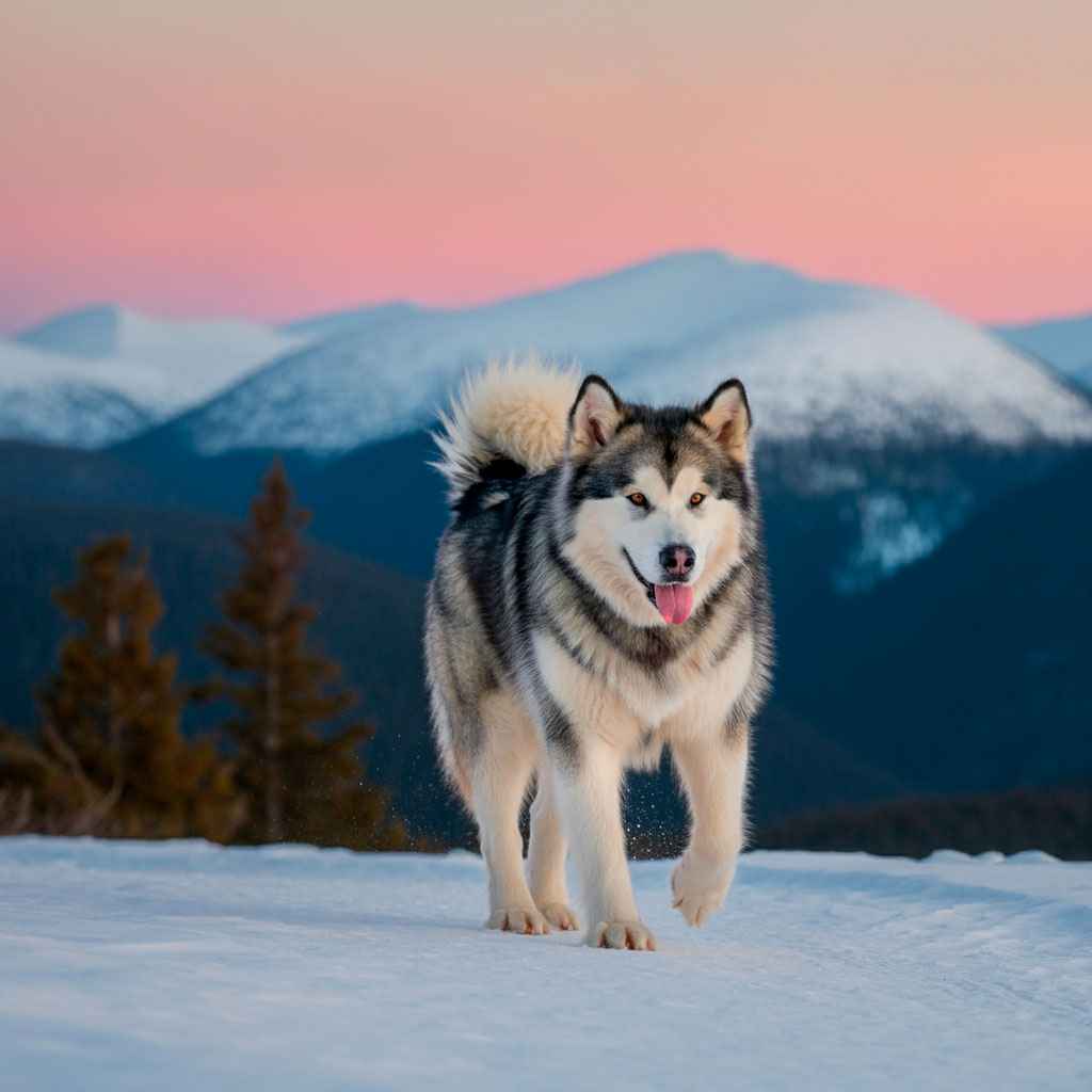 Malamute de Alaska 7 Malamute de Alaska caminando en la nieve con montañas nevadas al fondo.
