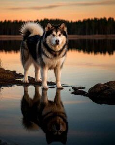Malamute de Alaska 2 Malamute de Alaska reflejado en el agua junto al lago al atardecer.