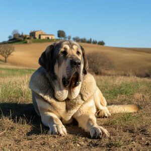 Mastín Español 4 Mastín Español tumbado en un campo con una casa rural al fondo.