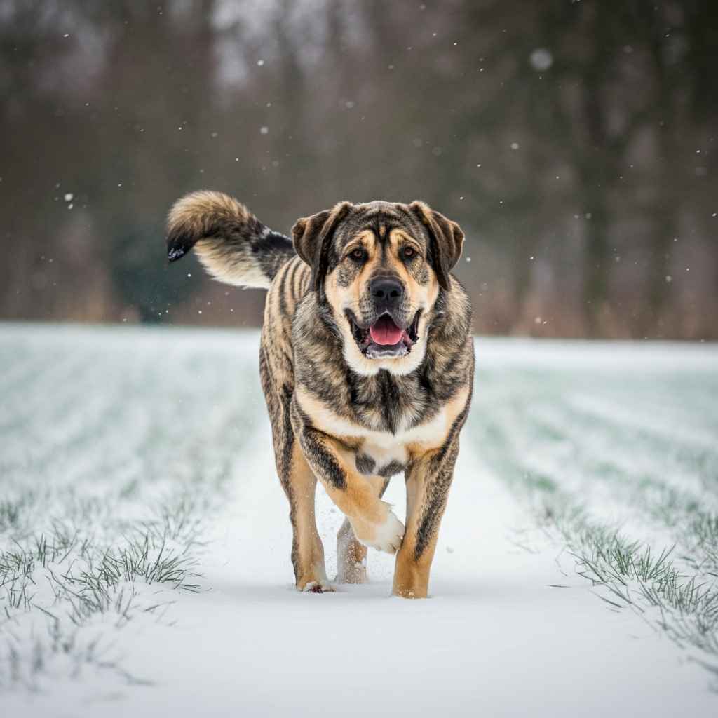 Mastín Español 9 Mastín Español corriendo en un campo nevado.