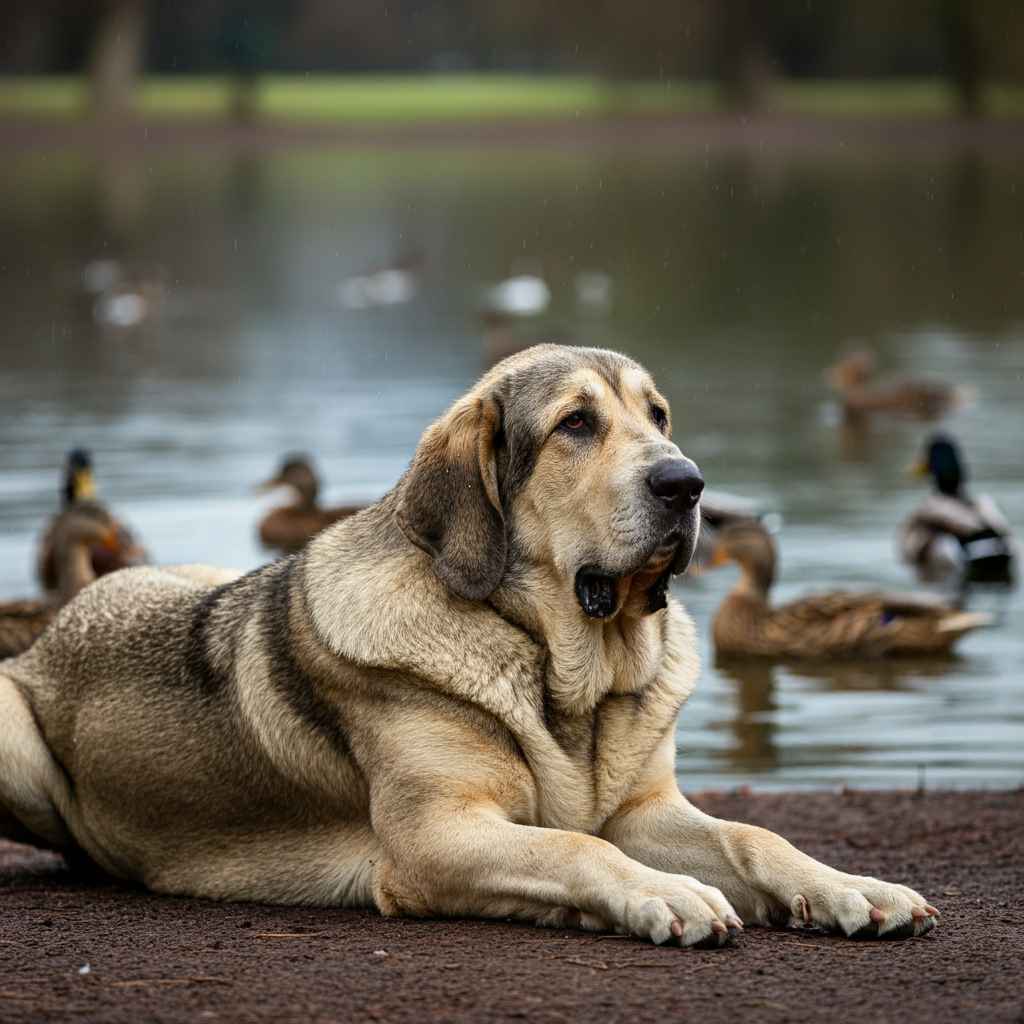 Mastín Español 6 Mastín Español acostado junto a un estanque con patos.