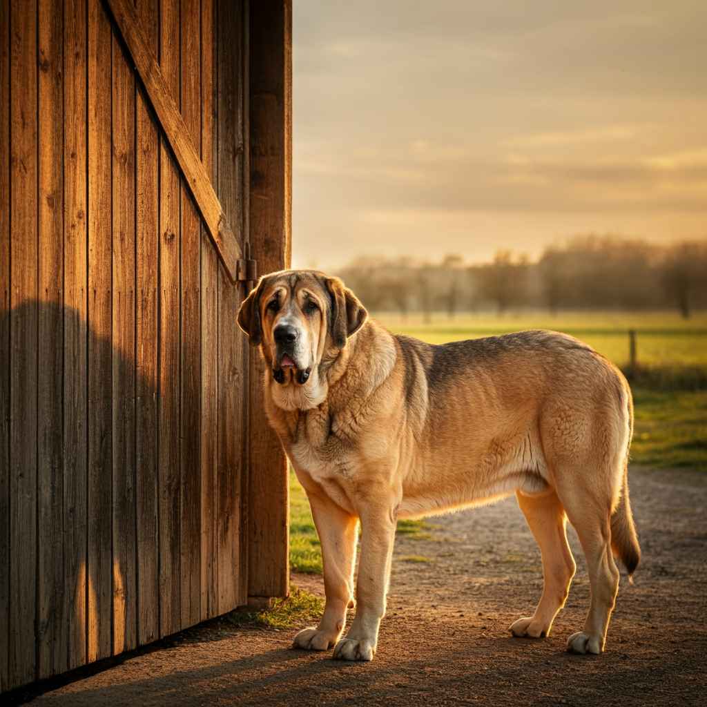 Mastín Español 3 Mastín Español de pie junto a un granero al atardecer.
