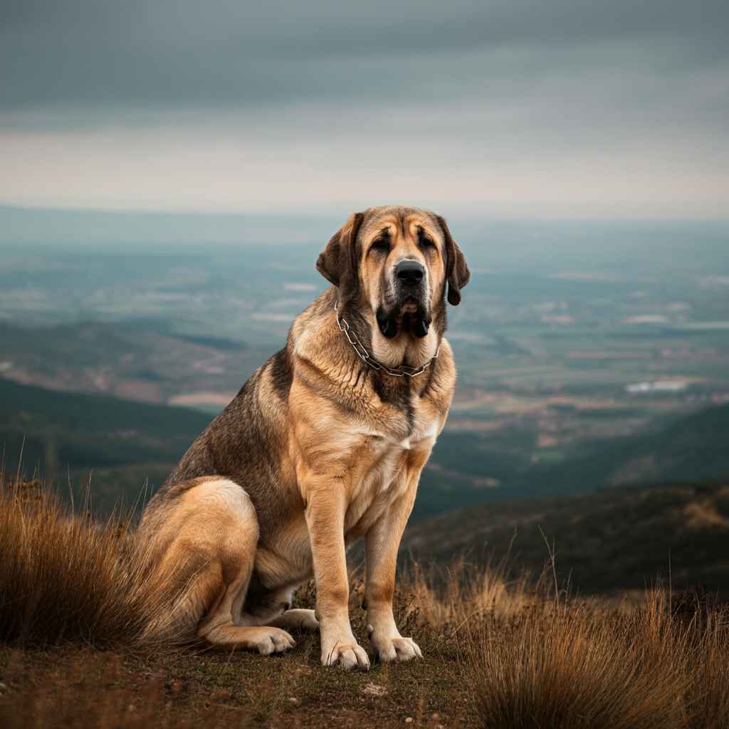 Mastín Español 1 Mastín Español sentado en un mirador de montaña con vistas panorámicas.