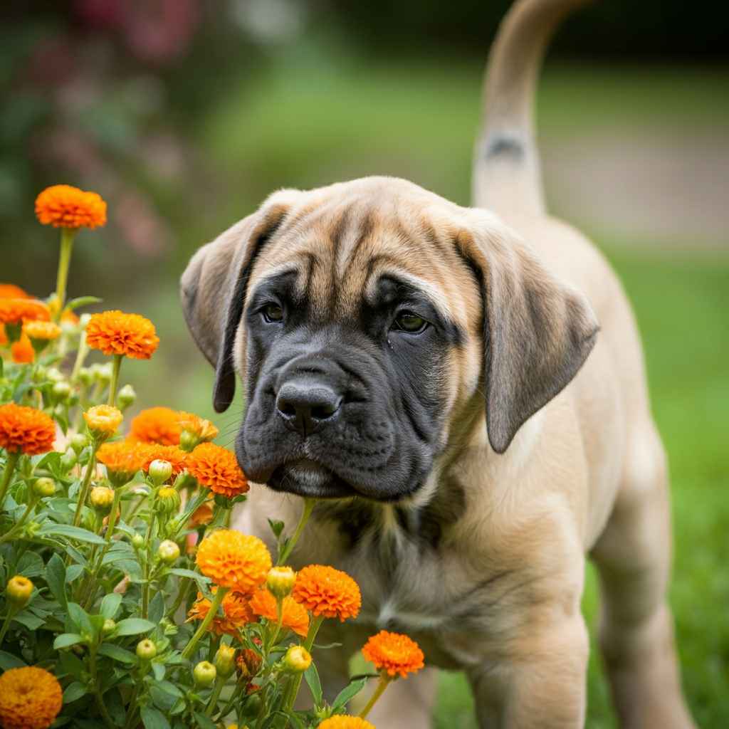 Cachorro de Mastín Inglés mirando flores naranjas en un jardín.
