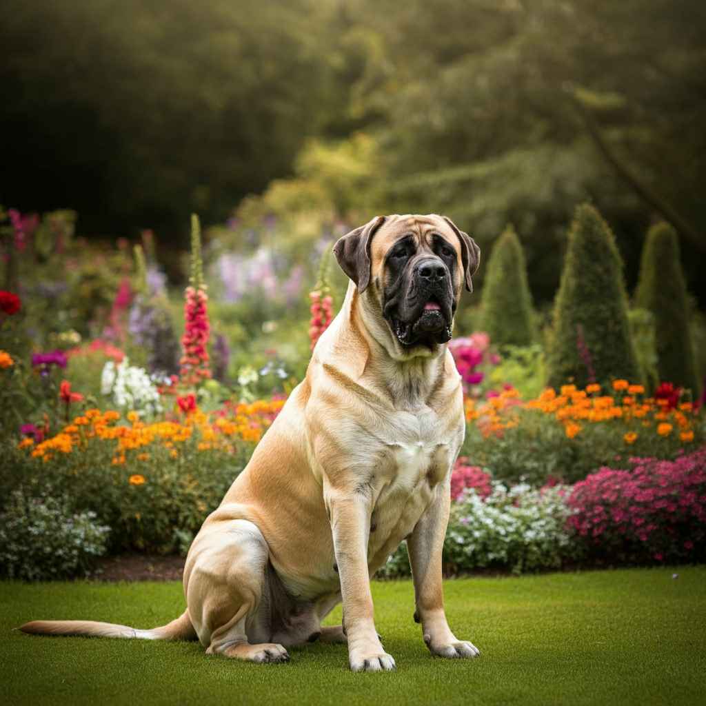Mastín Inglés sentado en un jardín con flores.