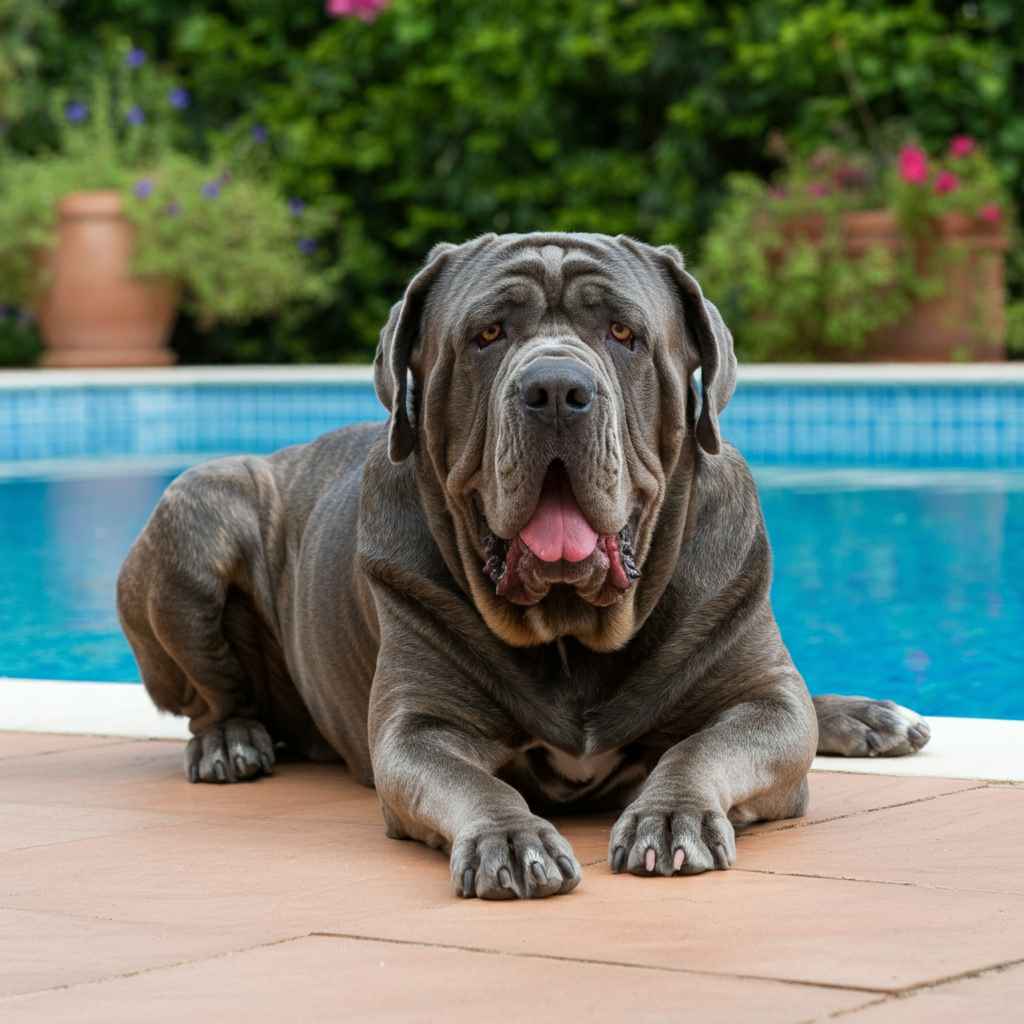 Mastín Napolitano gris tumbado cerca de una piscina azul.