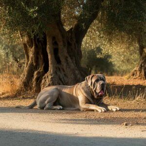 Mastín Napolitano marrón tumbado bajo un olivo en el campo.