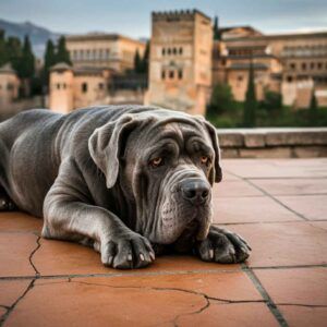 Mastín Napolitano gris descansando frente a un palacio histórico.