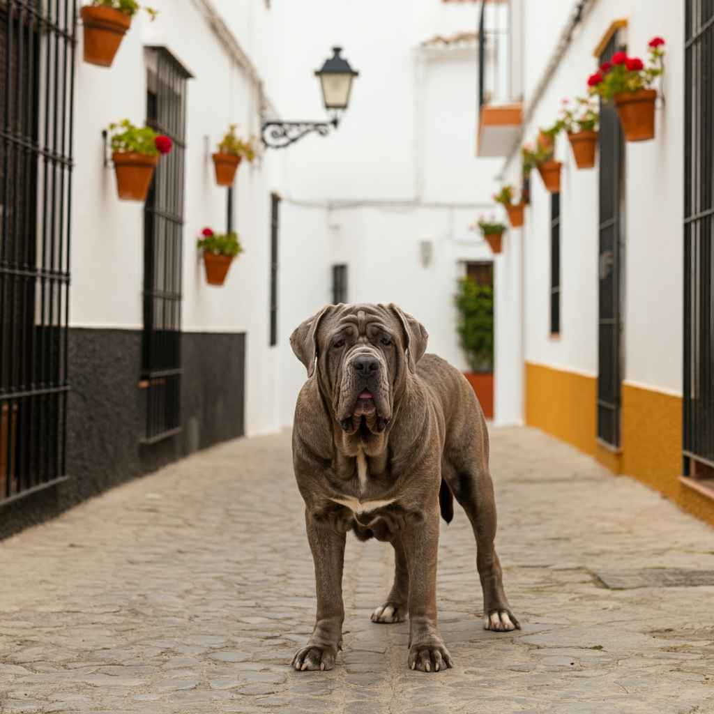 Mastín Napolitano gris caminando por calles empedradas con macetas colgantes.