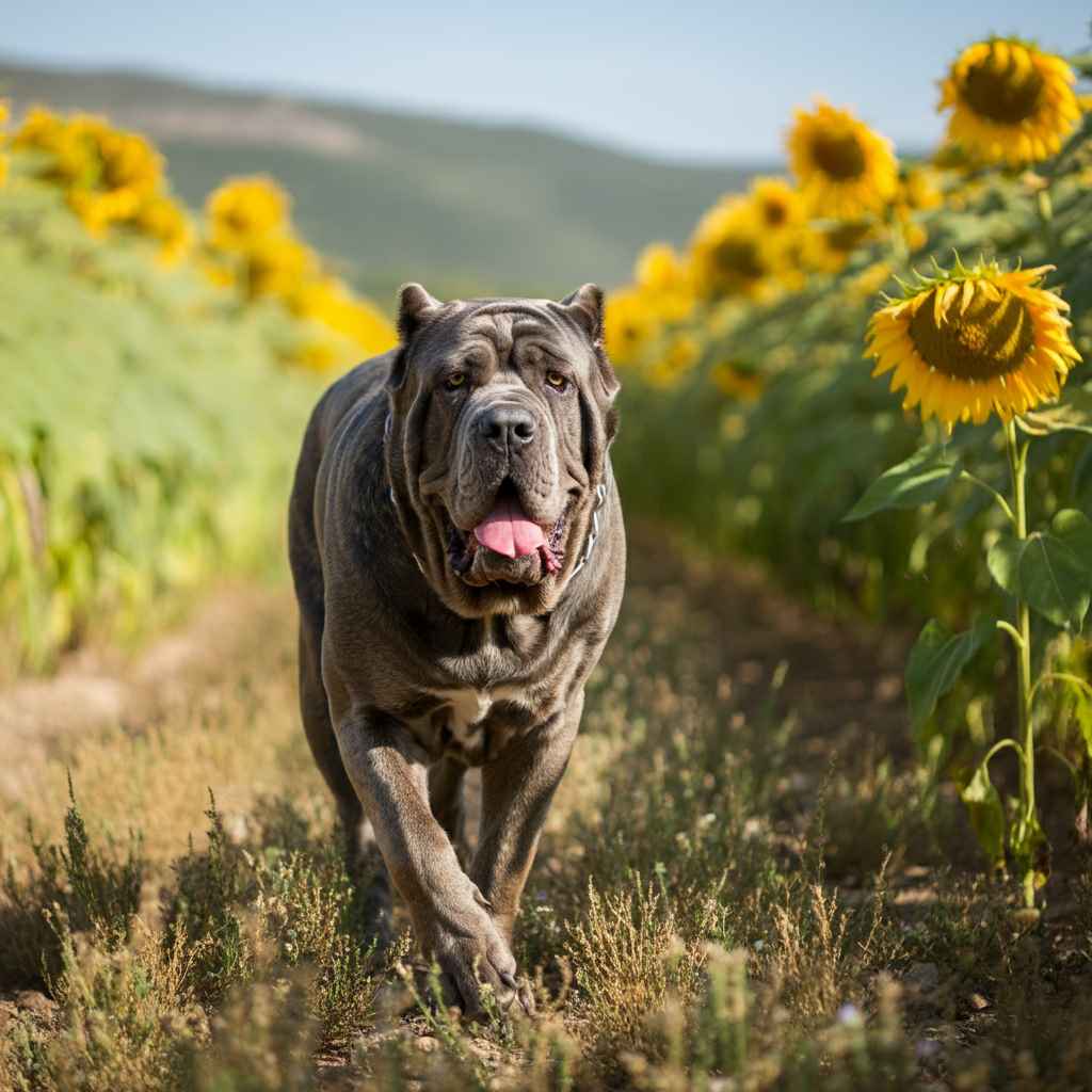 Mastín Napolitano caminando entre un campo de girasoles en flor.