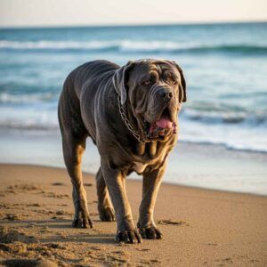 Mastín Napolitano gris caminando por la playa cerca del mar.
