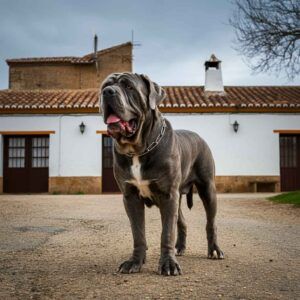 Mastín Napolitano gris posando frente a una casa rural.