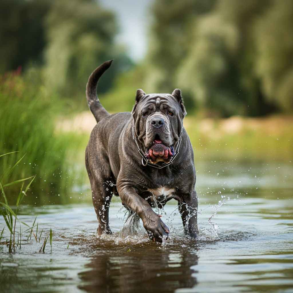 Mastín Napolitano gris jugando en un río con agua salpicando.