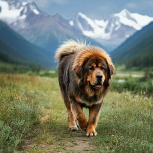 Mastín Tibetano caminando por un sendero montañoso.