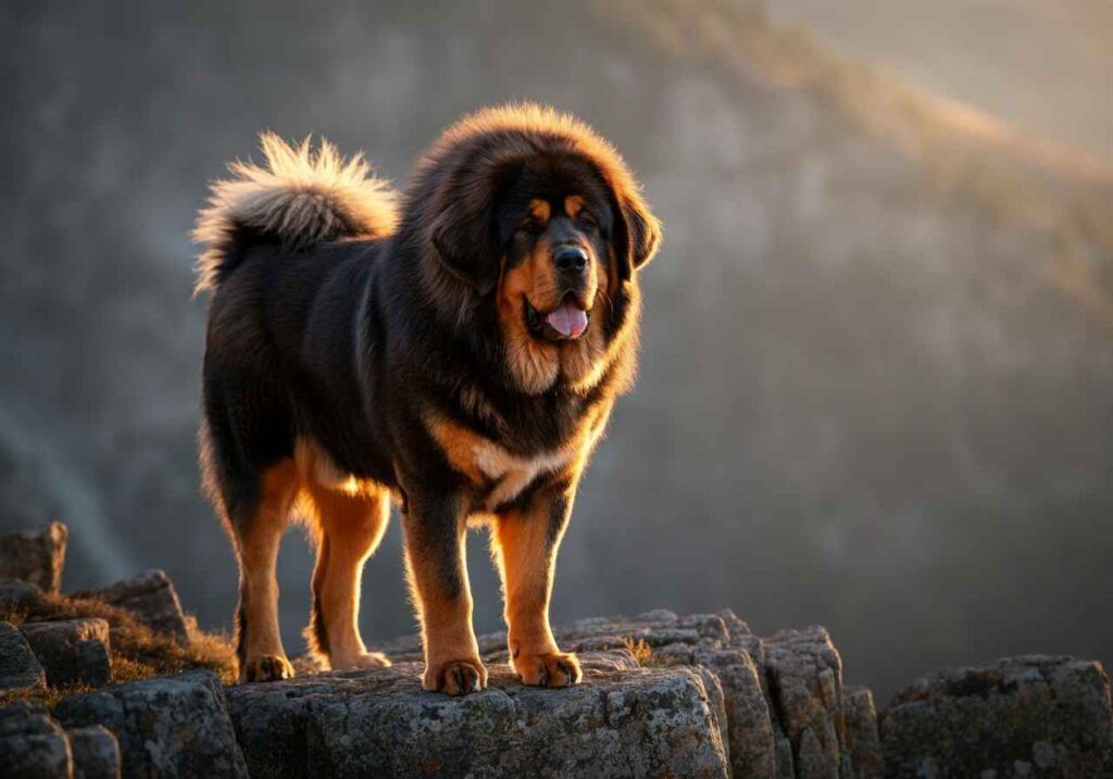 Mastín Tibetano de pie sobre una colina al amanecer.