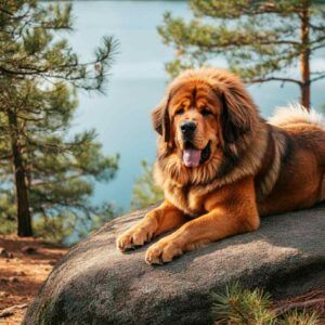 Mastín Tibetano descansando sobre una roca junto a un lago.