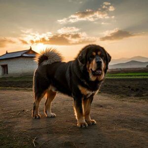 Mastín Tibetano en una granja al amanecer.