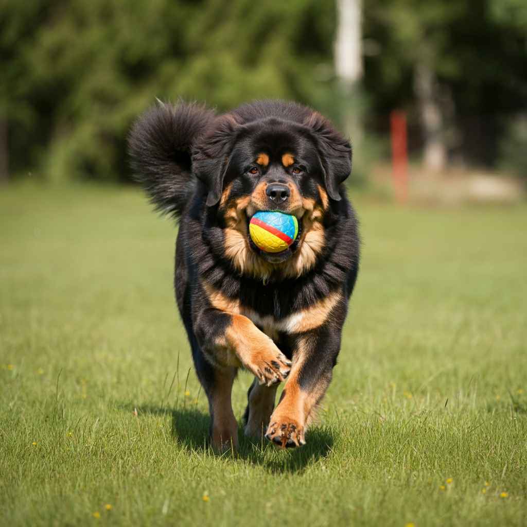 Mastín Tibetano corriendo con una pelota de colores en el césped.