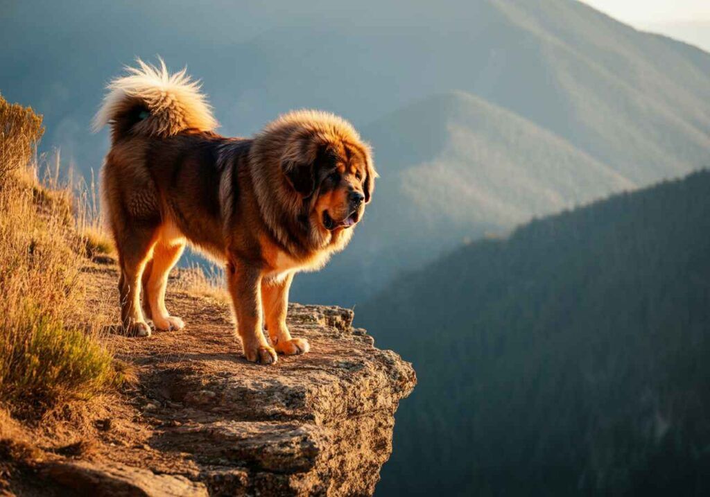 Mastín Tibetano posando en un mirador de montaña.