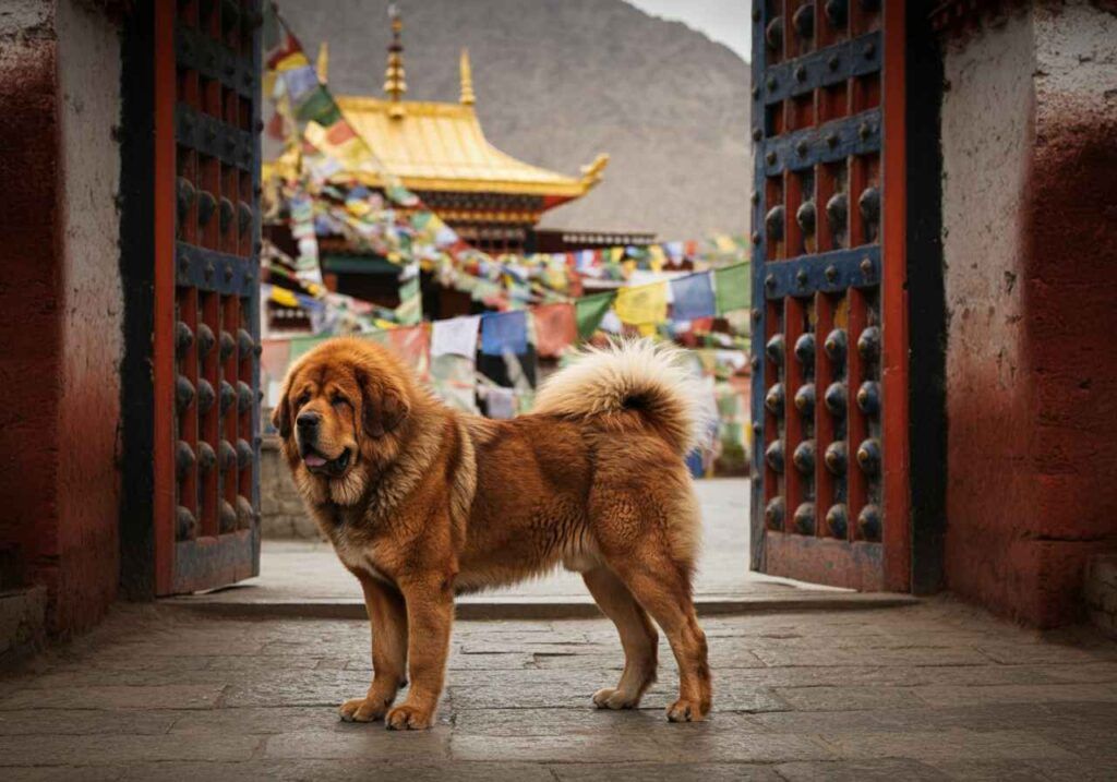 Mastín Tibetano de pie en la entrada de un templo oriental.