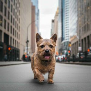 Norwich Terrier 5 Norwich Terrier caminando por calles urbanas.