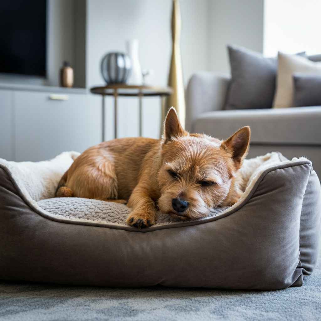 Norwich Terrier 10 Norwich Terrier descansando en una cama para mascotas.