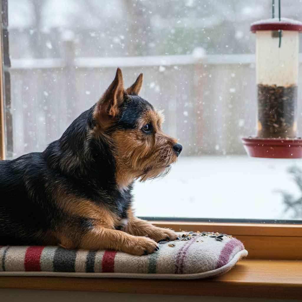 Norwich Terrier 3 Norwich Terrier mirando por la ventana en un día nevado.